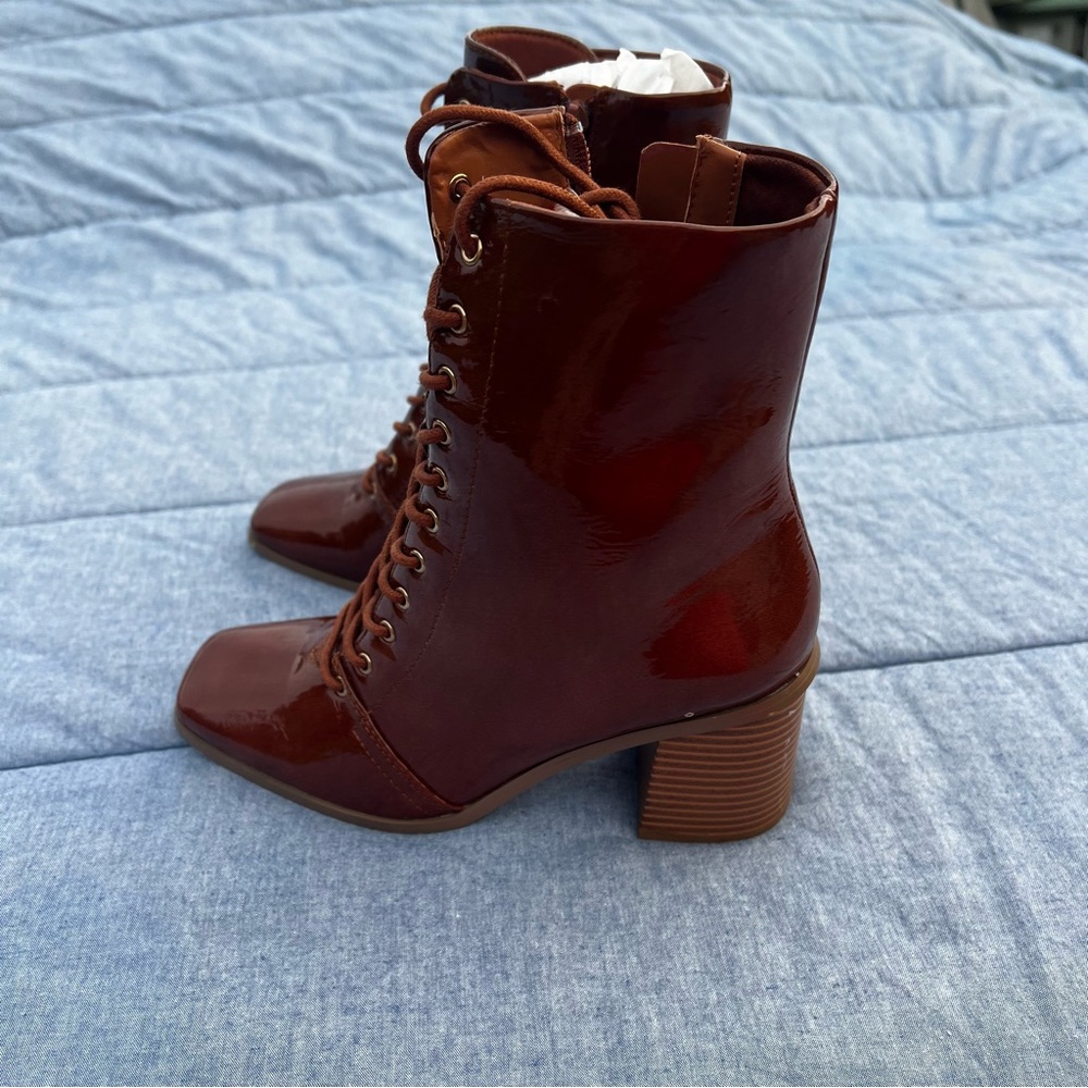 NWOT ASOS Rylee Lace Up Square Toed Heeled Boots in Cognac Size UK 4 (US 6)